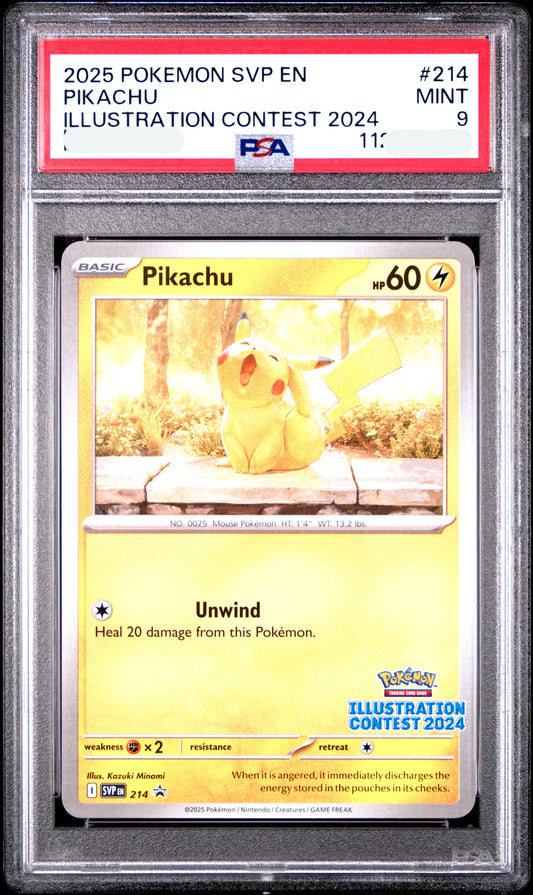 150323 PSA9 2025 POKEMON SVP EN-SV BLACK STAR PROMO #214 PIKACHU ILLUSTRATION CONTEST 2024