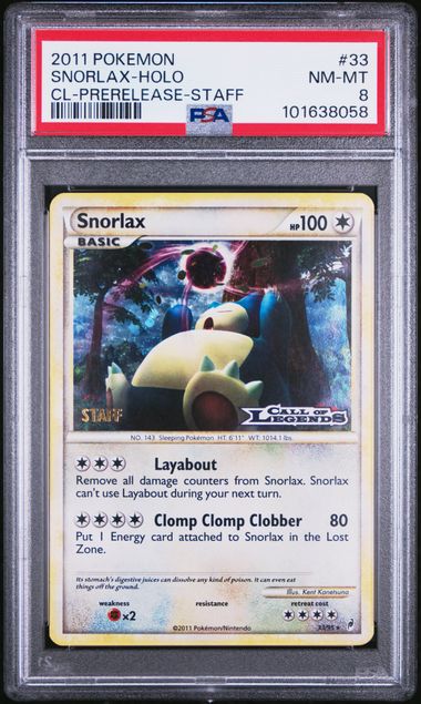 2011 CALL OF LEGENDS #33 SNORLAX-HOLO CL-PRERELEASE-STAFF PSA8