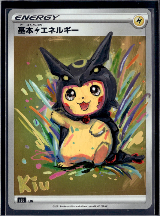 Kiu Hand Painted Pikachu in poncho black Rayquaza Energy Card - Unique