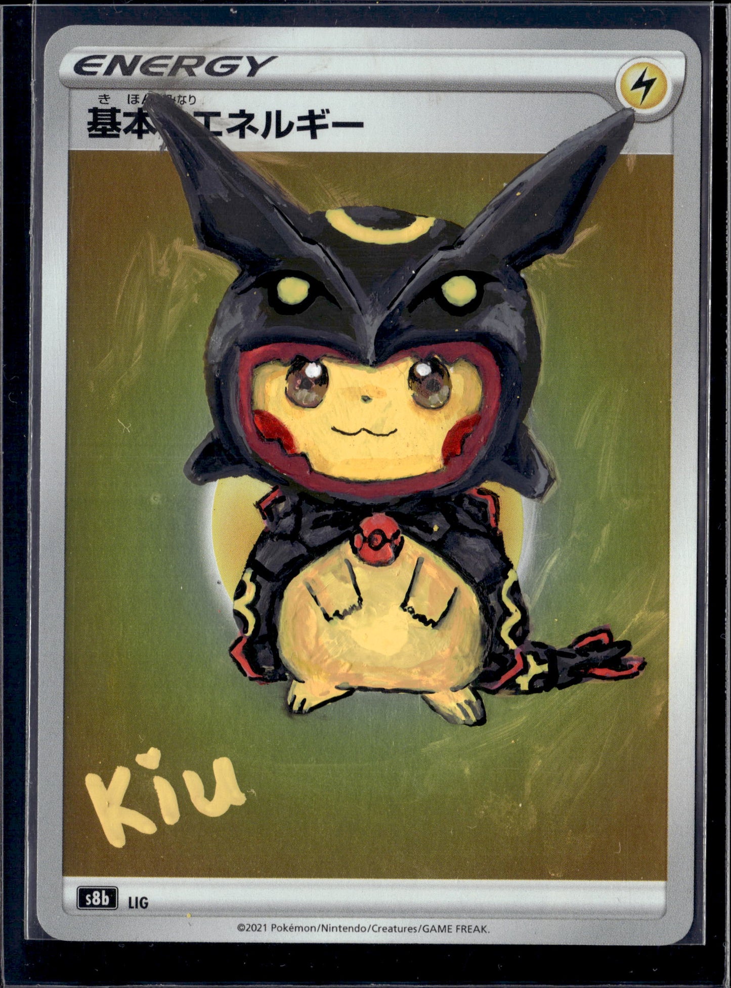Kiu Hand Painted Pikachu in poncho black Rayquaza Energy Card 02 - Unique