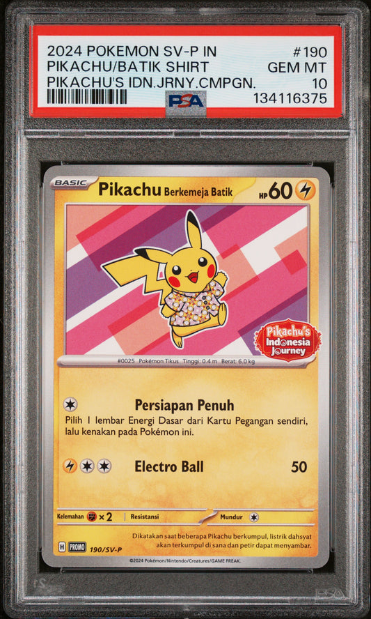 220327 PSA10 2024 POKEMON INDONESIAN SV-P PROMO #190 PIKACHU/BATIK SHIRT PIKACHU'S IDN.JRNY.CMPGN.