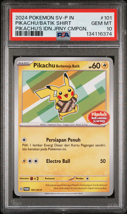 220326 PSA10 2024 POKEMON INDONESIAN SV-P PROMO #101 PIKACHU/BATIK SHIRT PIKACHU'S IDN.JRNY.CMPGN.