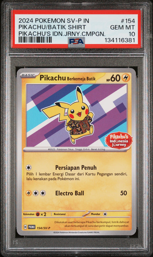 220328 PSA10 2024 POKEMON INDONESIAN SV-P PROMO #154 PIKACHU/BATIK SHIRT PIKACHU'S IDN.JRNY.CMPGN.